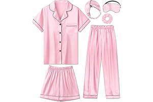 ALHAVONE Silk Pajamas for Girls Satin Pajama Kids 3 Pieces Short Sleeve Girl Button-down Pjs Shorts Pants Sleepwear