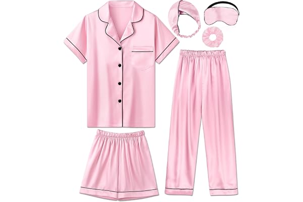 ALHAVONE Silk Pajamas for Girls Satin Pajama Kids 3 Pieces Short Sleeve Girl Button-Down Pjs Shorts Pants Sleepwear