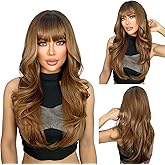 SUKRI Brown Wig with Bangs for Women Brown with Dark Roots Synthetic Wigs 26 Inch Heat Resistant Fiber for Daily Party Use