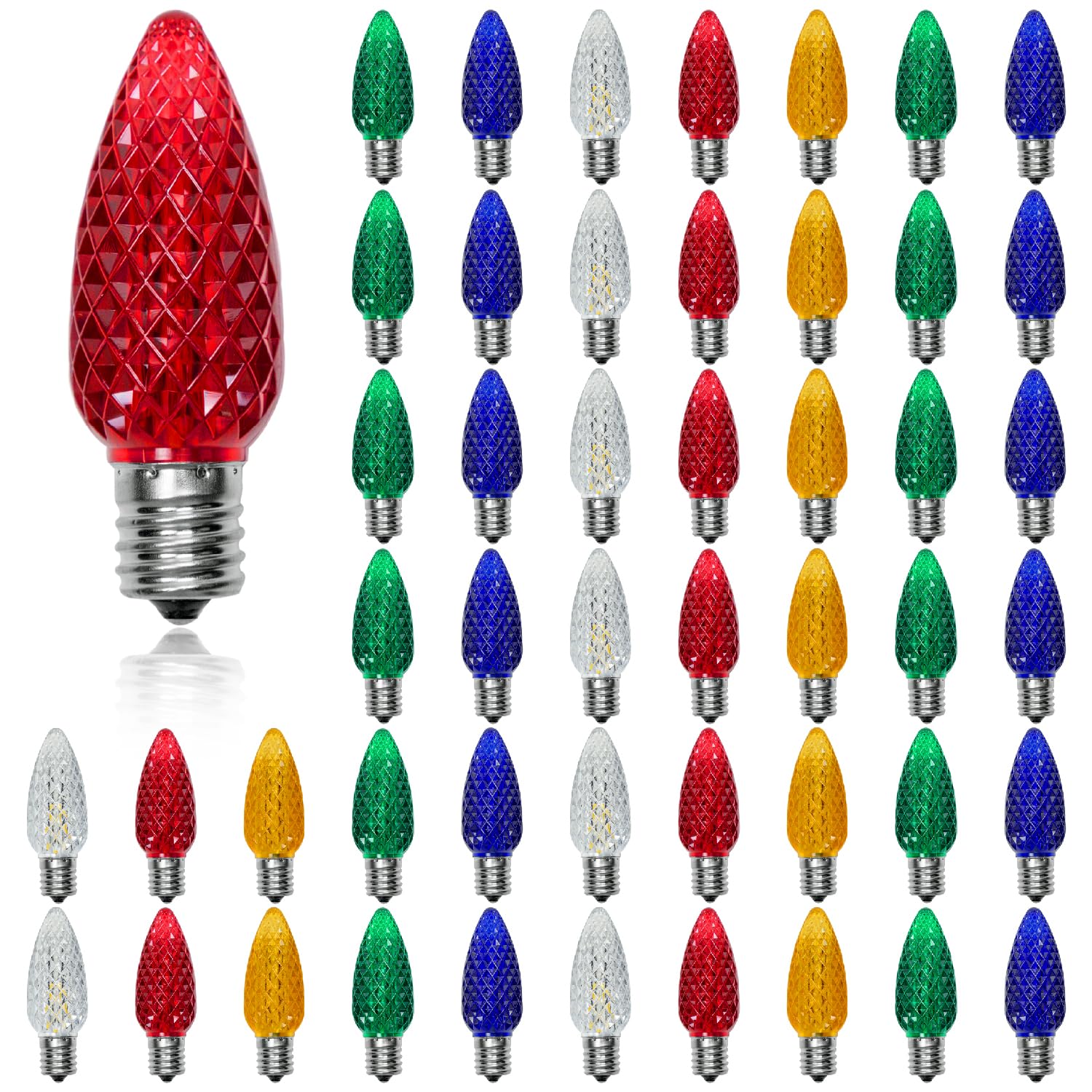 Photo 1 of 50 Pack Multicolor C9 LED Christmas Lights Replacement Bulbs, Shatterproof & Waterproof Plastic C9 Led Bulbs for Outdoor String Lights, E17 Base, 0.6W Equivalent to 7W, 50lm Holiday Decoration