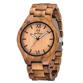 MUJUZE Herren Analoge Quarz Holzkern Armbanduhren mit Sandelholz Band und Leuchtendem Zeiger