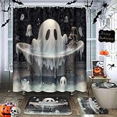 Arttown Halloween Ghost Bathroom Sets with Shower Curtain and Rugs | Set of 4 Spooky Horror Vintage Bathroom Decor Set with Toilet Lid Cover, Non-Slip Bath Mats and Accessories 12 Hooks