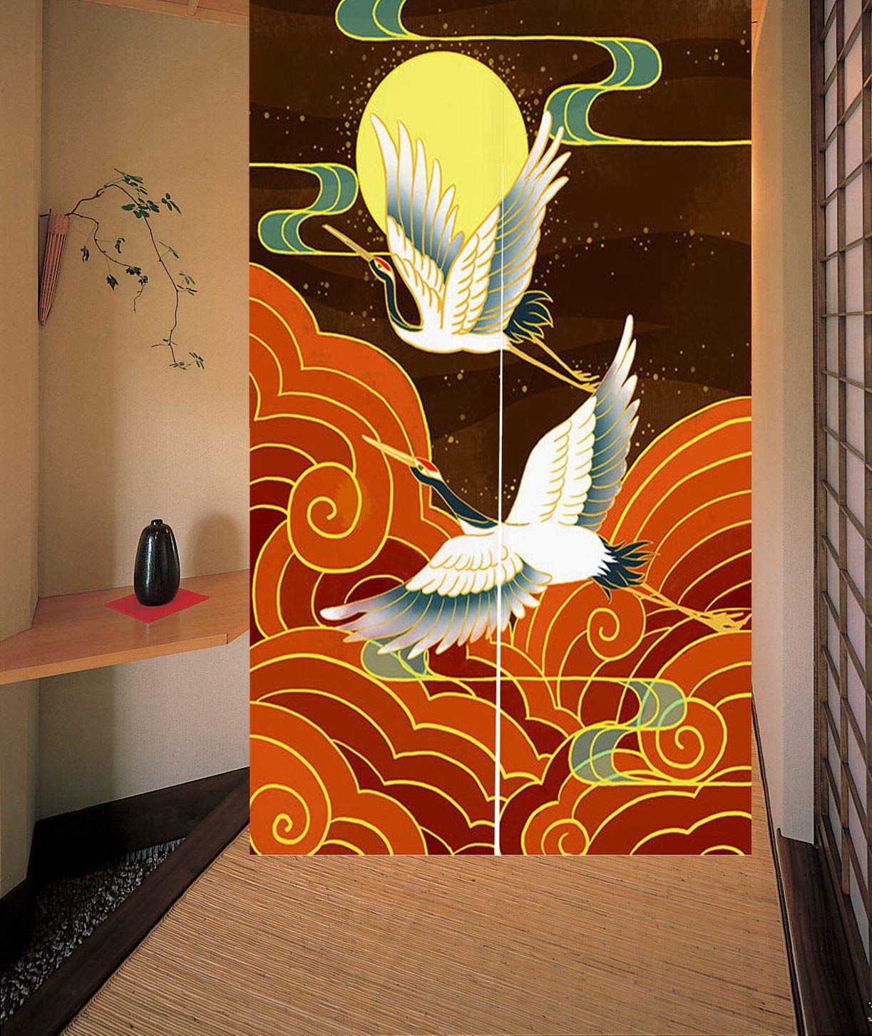 LIGICKY Japanese Style Doorway Curtain Noren Cotton Linen Cranes and Moon Printed Window Treatment Hanging Door Tapestry for Home Decoration 33.5 x 47.2 inch
