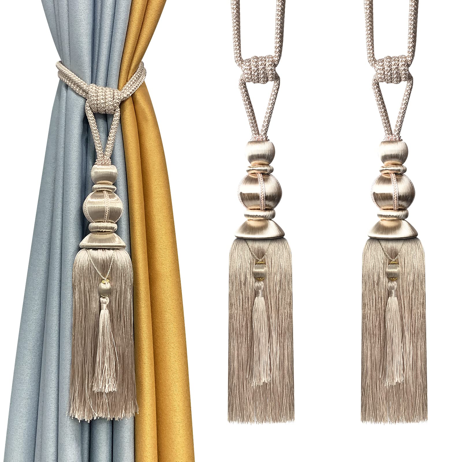 KOLAKO Curtain Holdbacks, Tassel Tie Backs Rope for Curtains, Large European Handmade Braided Decorative Curtain Ties for Drapes, Champagne