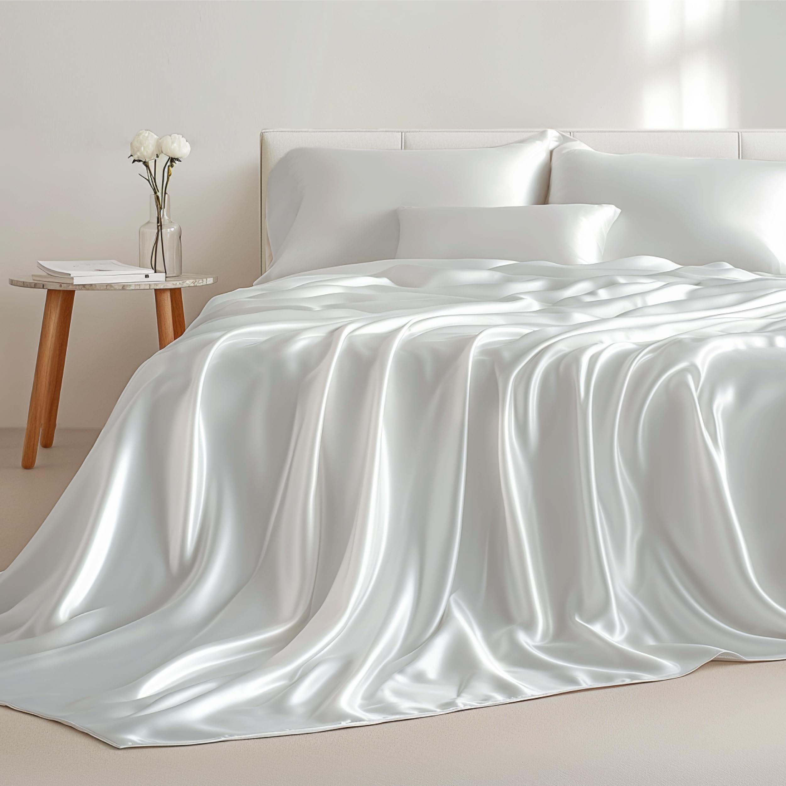 Photo 1 of Bedsure Satin Sheets Cal King Size Bed Set - Luxury Silky Bed Sheet Set, Ultra Soft & Wrinkle Free, Good for Hair & Skin, 15 Inches Deep Pocket for Mattress, 4-Piece (Cal King, Pure White)