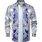 GSBOGOSSE Mens Luxury Brand Print Silk Satin Design Button Down Dress Shirt | Long Sleeve Slim Fit Floral Designer Mexico Cowboy Baroque Flashy Casual Shirts Formal Business Prom Party Wedding Nightclub