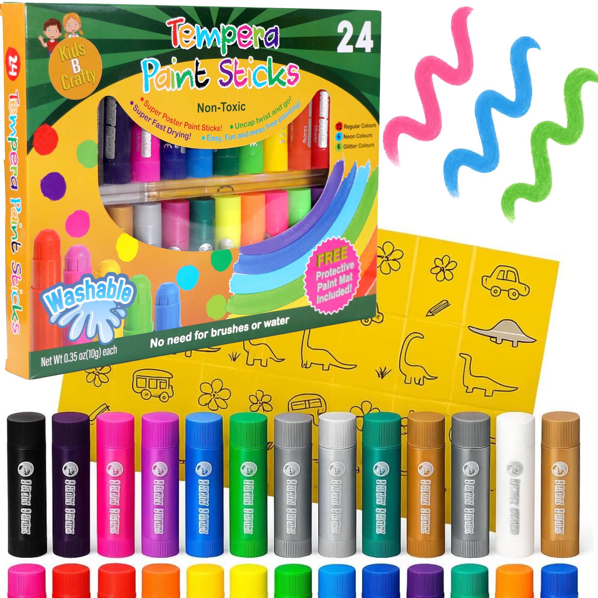 Paint Sticks for Children 24 Pack – Washable Tempera Paint Sticks for Kids | Mess Free Quick Drying Twist Up Colours for Toddlers | Childrens Paint Set with Splash Mat