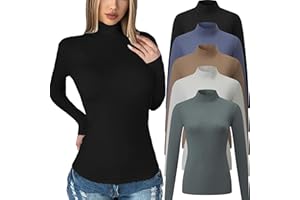 Chongbaijia 5 Pack Womens Long Sleeve Tops Mock Turtleneck Basic T Shirt Fall Stretch Tight Fitted Thermal Shirts