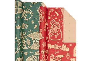 Rancco Christmas Wrapping Paper Roll w/24 Pc Gift Tags, Red and Green Kraft Paper w/Santa Claus/Merry Christmas Lettering Des