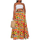 Afibi Womens Casual High Waist Tie African Print Long Maxi Skirt with Pockets
