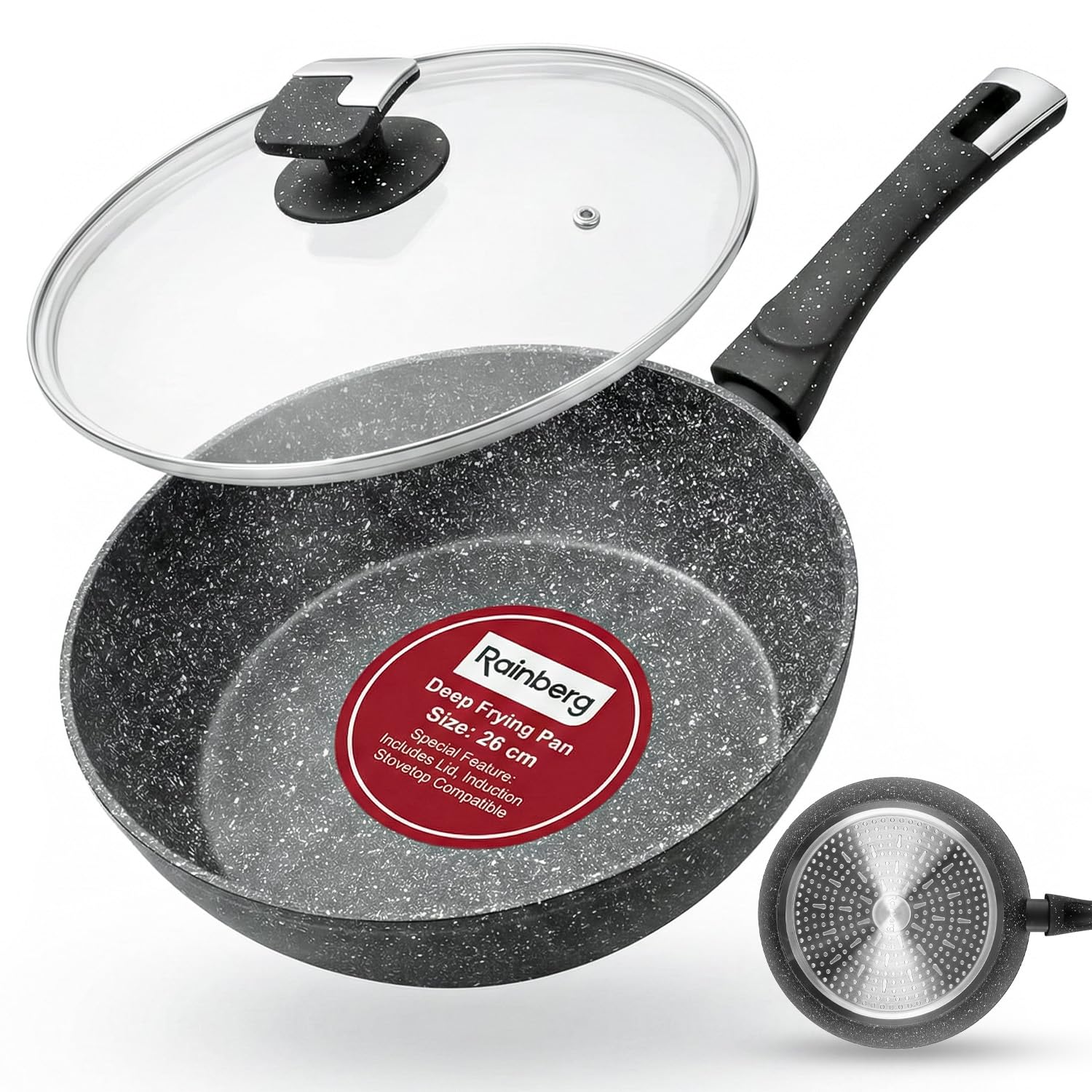 Rainberg 26cm Deep Frying Pan with Lid, Granite Frying Pan Nonstick, Cooking Pan with Lid, Induction Compatible, Scratch Resistant Coating (Black, 26cm)