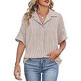 IEEILULU Womens Loose Fit Shirts Short Sleeve Striped Shirt Casual Collared Tops Women Office Work Blouses