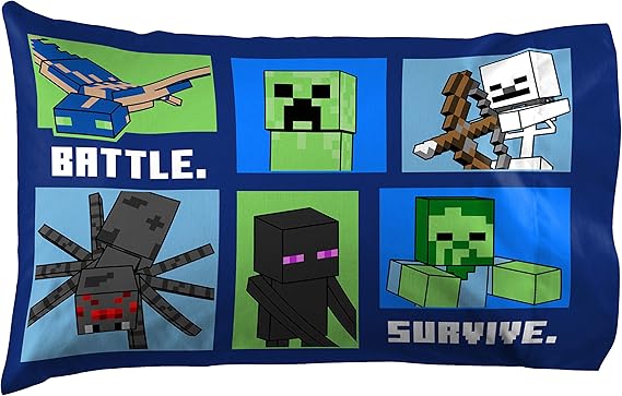 Amazon Co Jp Minecraft Explore Create Battle Survive 1 シングル枕カバー 両面 キッズ スーパーソフト 寝具 特徴 クリーパー エンダーマン ゾンビ スケルトン 公式マインクラフト製品 ホーム キッチン