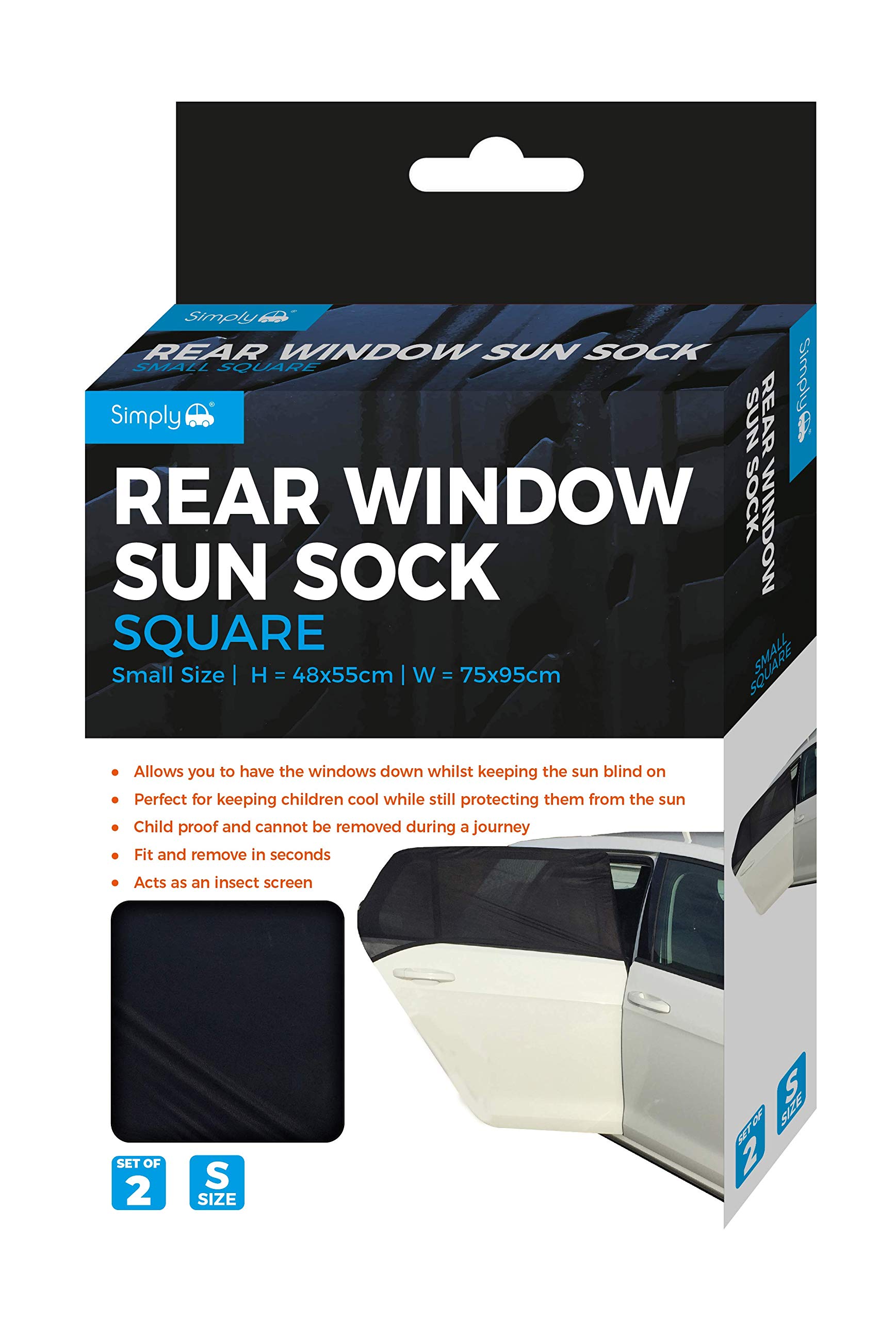 Simply SUN10 Pk2 Rear Window Sun Socks Small Square, Pair of 2, Child Proof, Blocks Up Rays and Heat, Universal Fit, Black