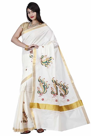 Pumpkin Peacock Embroidered kerala kasavu saree with running Blouse