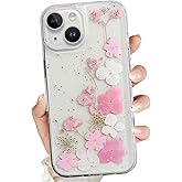 for iPhone 15 Plus Clear Case,Aesthetic Floral Phone Case with Pressed Real Flowers Design,Glitter Cute Floral Pattern Women's Phone Case Slim Soft TPU Protective Girl's Phone Cover for iPhone 15 Plus