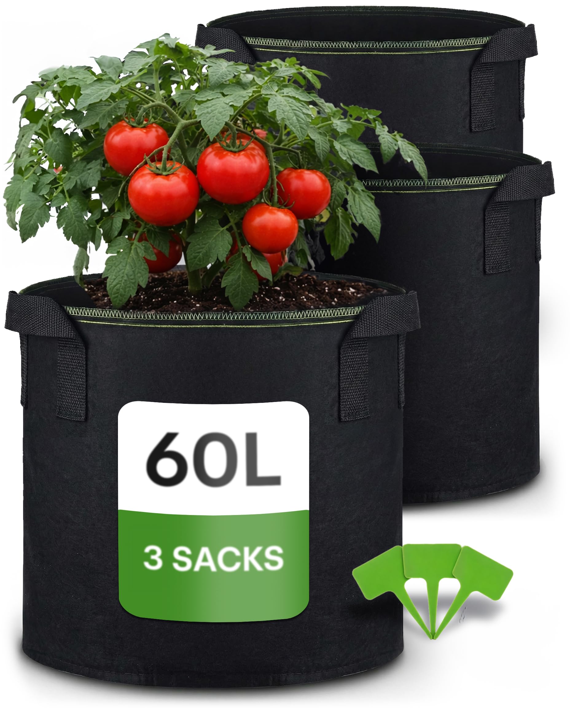 Praknu Large 60L Geotextile Planting Bags with Handles, Nonwoven Fabric, Black, 60 l