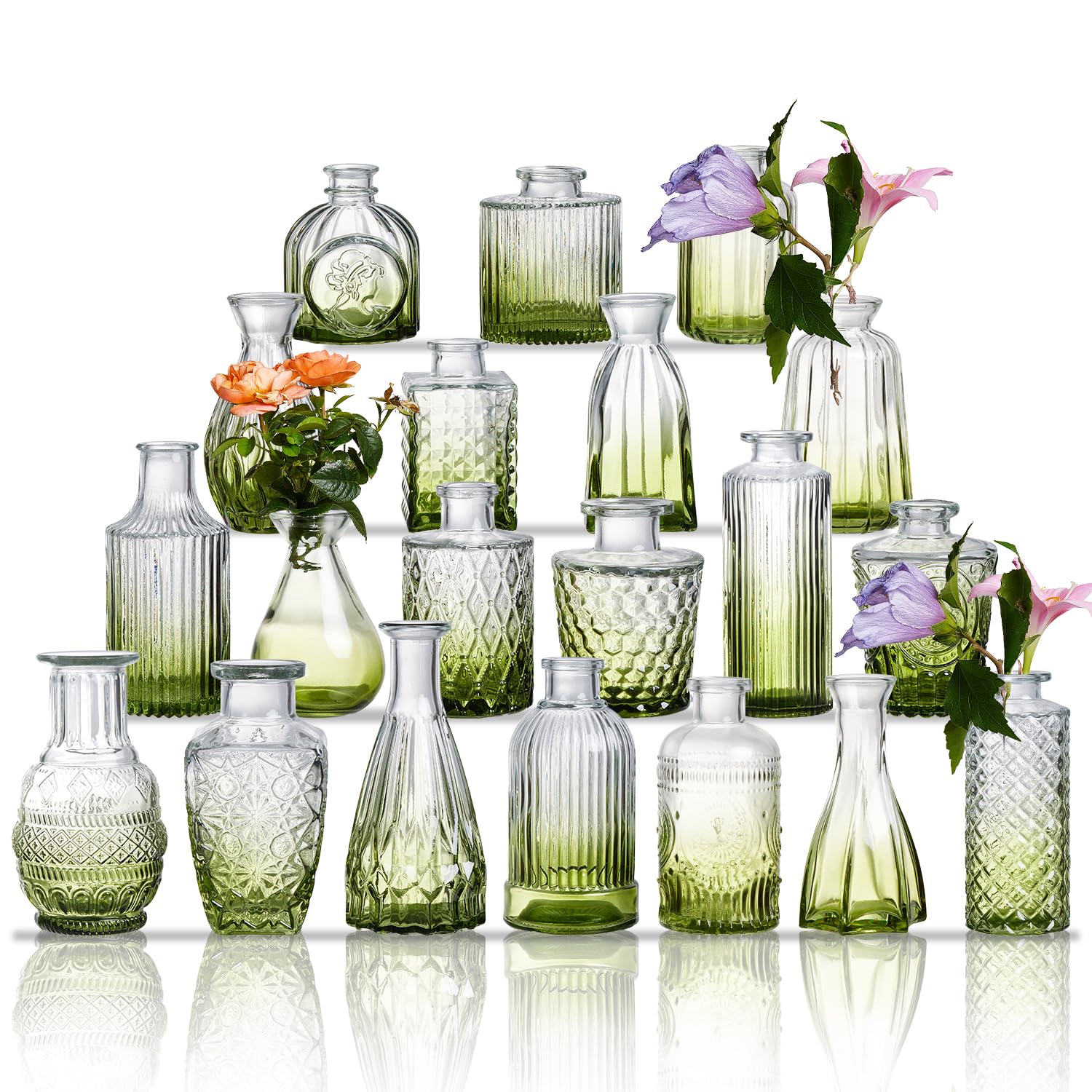 Glass Bud Vase Set of 20 - Small Vases for Flowers in Bulk - Assorted Vintage Crystal Vases for Flowers, Table Centerpieces (Green, 20 Pcs)
