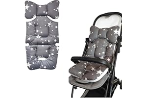 LLUFO Baby Stroller Seat Cushion Cotton Seat Padding Thick Mattress Pad Liner,Head Neck Body Support Universal for Carriage,Bassinet Pram–Soft and Breathable - Grey Star