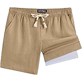 maamgic Mens Casual Linen Shorts 5/7 Inch Elastic Waist Drawstring Summer 2 in 1 Beach Short with Pockets
