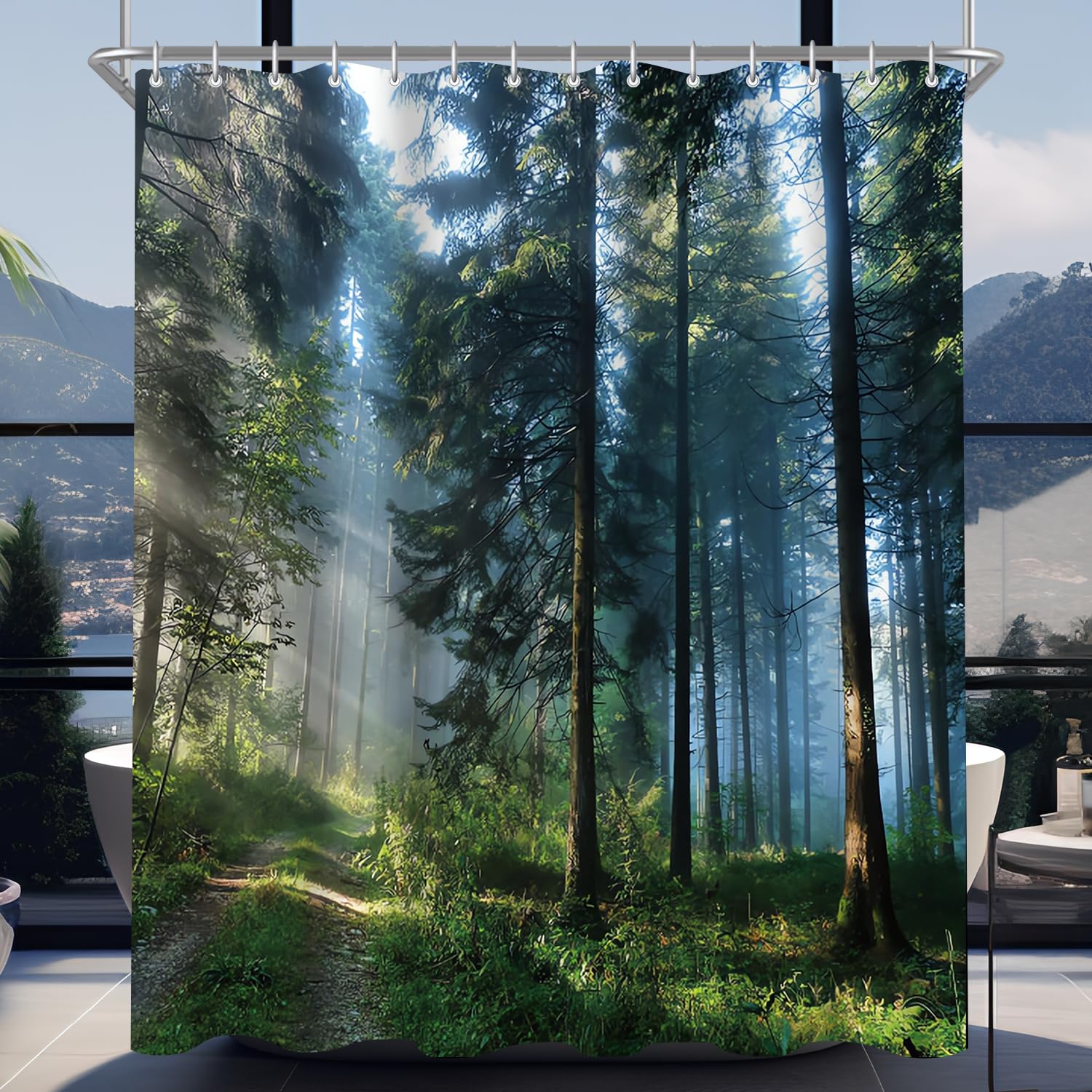 Lerores Shower Curtain, 120 x 180 cm, Forest Jungle, Weighted Hem, Anti-Mould Textile, Water-Repellent, Washable Polyester Bath Curtains with 12 Eyelets and Shower Curtain Rings for Bathroom, Bathtub
