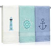 Hahafelt 3 Pack Nautical Hand Towels for Bathroom 100% Cotton Embroidered Beach Bathroom Towels 13.78 x 29.53 Inch Soft Absorbent (White Green Blue, Lighthouse)