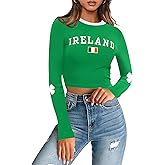 For G and PL Women St. Patrick's Day Crewneck Long Sleeve Shirt Shamrock Slim Fitted Ribbed Crop Top
