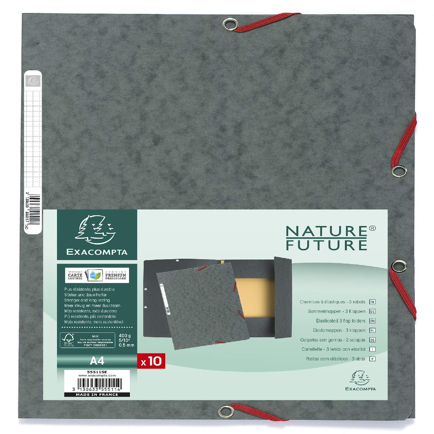 Exacompta - Ref 55511SE - Elasticated 3-Flap Folders - Suitable for Holding A4 Documents, 400gsm Glossy Card, Spine Label for Identification - Grey (Pack of 10) — image 1
