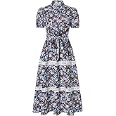 GRACE KARIN Women's 2026 Summer Floral Flowy Dresses Boho Tie Belt Short Puff Sleeve A Line Maxi Shirt Dress with Pocket