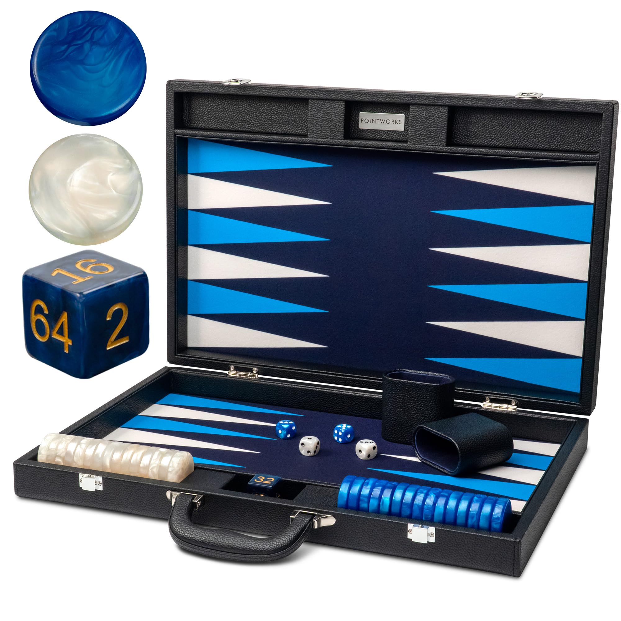 Photo 1 of Pointworks 19 Inch Premium Backgammon Sets for Adults Leather Black - Blue. Premium 1.6 Inch Checkers & Dice Set, Travel Backgammon Set, Large, Backgammon Board Game, Backgammon Game Set