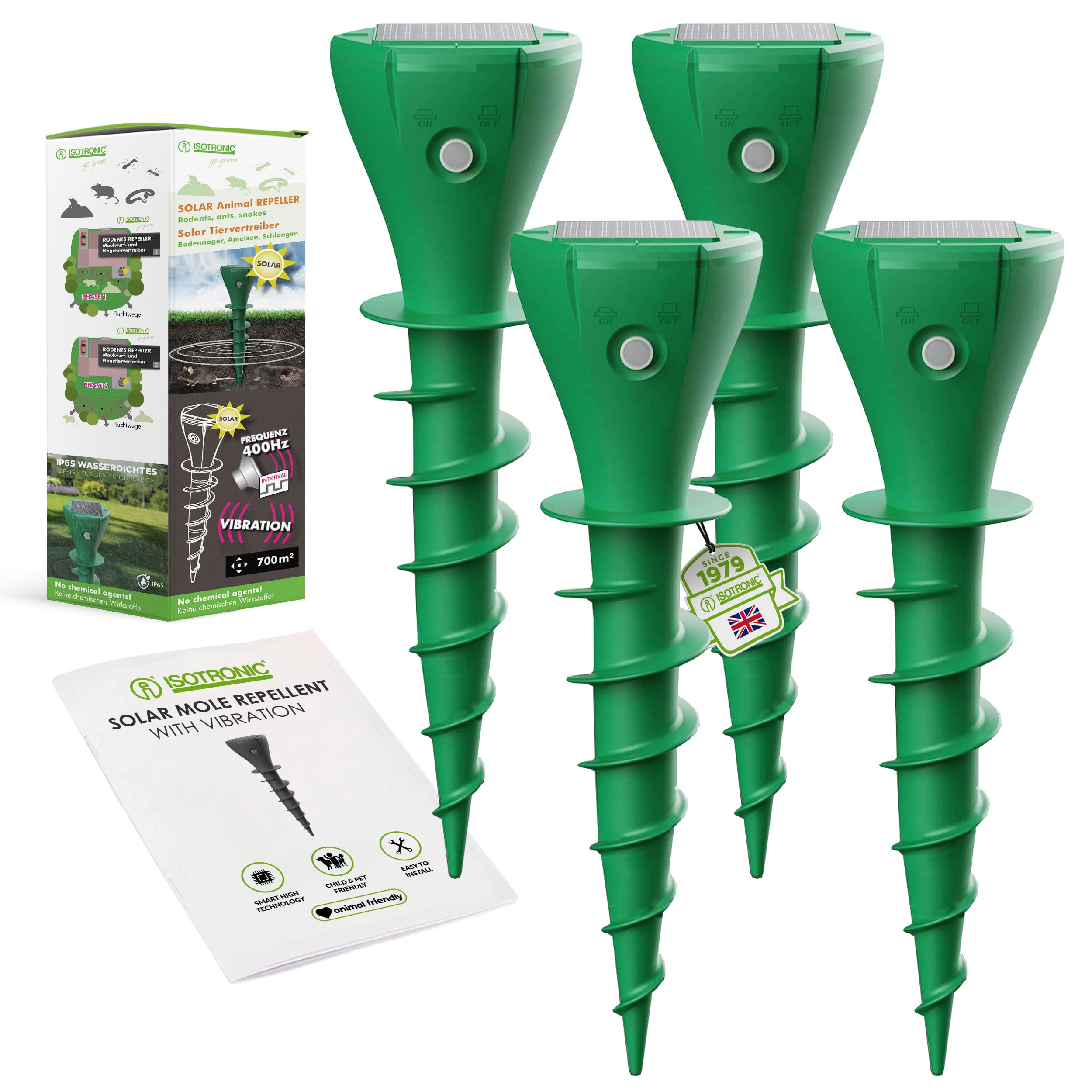 ISOTRONIC Solar Mole Repellent for Repelling Moles, Voles & Snakes - Mole Repellent with Ground Spike for the Garden - Mole Repellent with 700 m² Effective Area (Pack of 4)