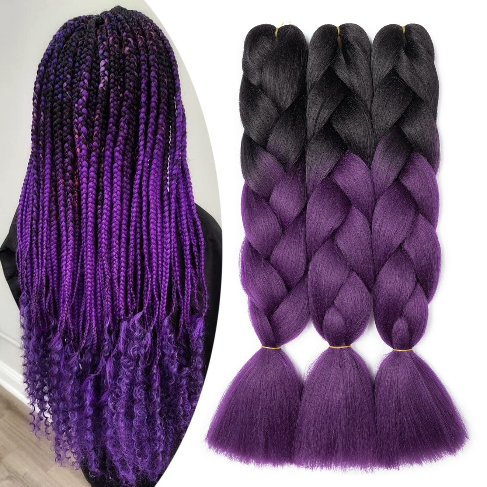 Gairyan Jumbo Braiding Hair Extensions 24 inch 3PCS 300g Ombre Jumbo Braids Hair Extensions 3 Tone Synthetic Coloured Hair for Braiding Extensions Afro Box Braids Crochet Twist, Black-Purple