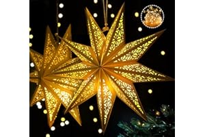 HOUISM Christmas Star Paper Lantern with Fairy Lights – Hanging Lighted Paper Star Lampshade for Indoor Holiday & Party Decorations, Home & Window Décor