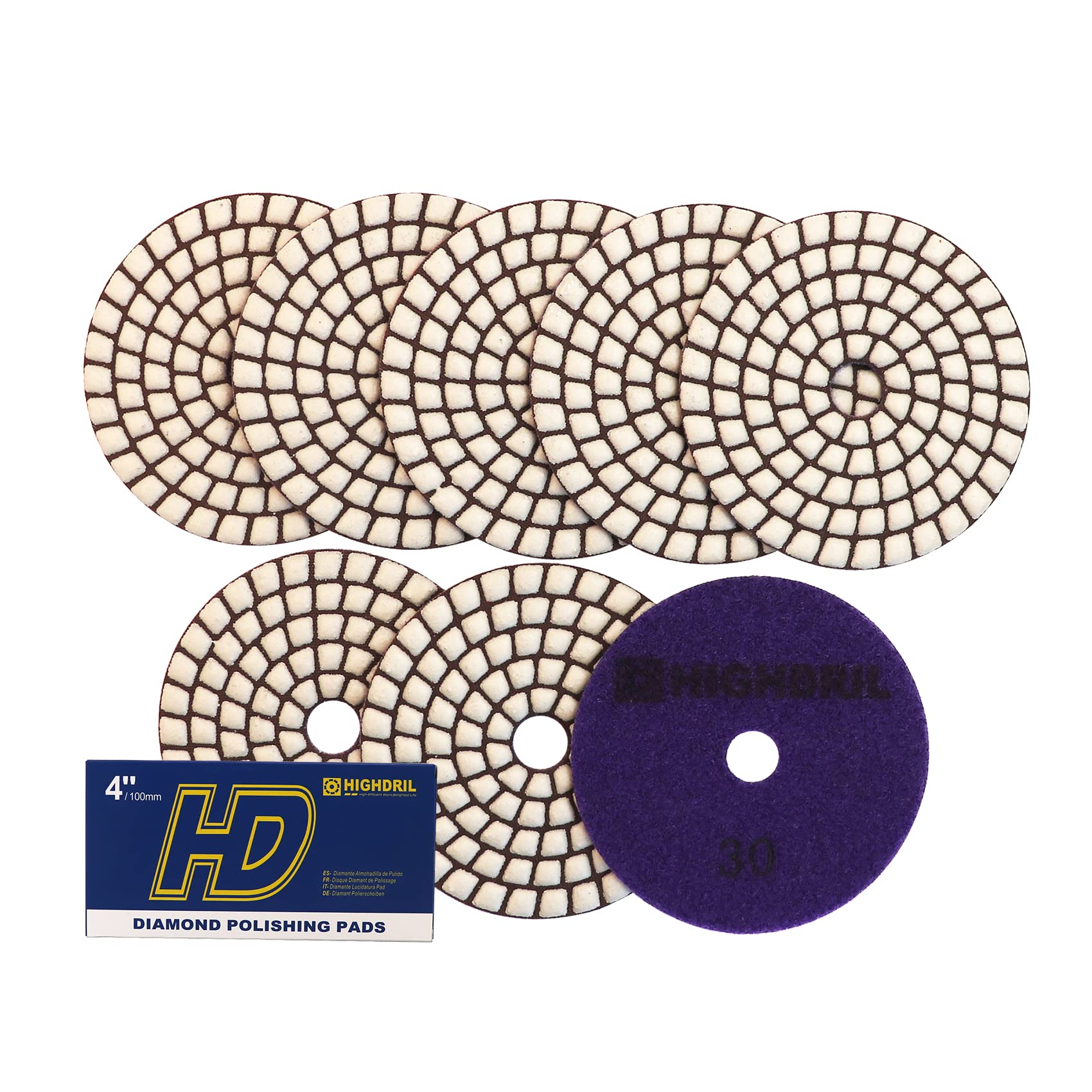 HIGHDRIL Dry Diamond Polishing Pad - 8PCS #30 Sanding Pads 100MM for Granite Stone Marble Floor Grinder Polish Pad Kit for Drill, Grinder, Polisher