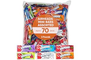 CHAIN & JO SWEETS Airheads Mini Bars 2 Pounds Approx 70 Pieces - Individually Wrapped - Assorted Fruit Flavored Cherry - Grape - Mystery Flavor - Orange & Watermelon - Perfect for Sharing With Family & Friends - Bulk Candy Mini Hard Candy - Snacks For Kids Individually Wrapped - Holiday Candy Bars Candy Packs - Party Candy Movie theater Candy Bulk Airheads