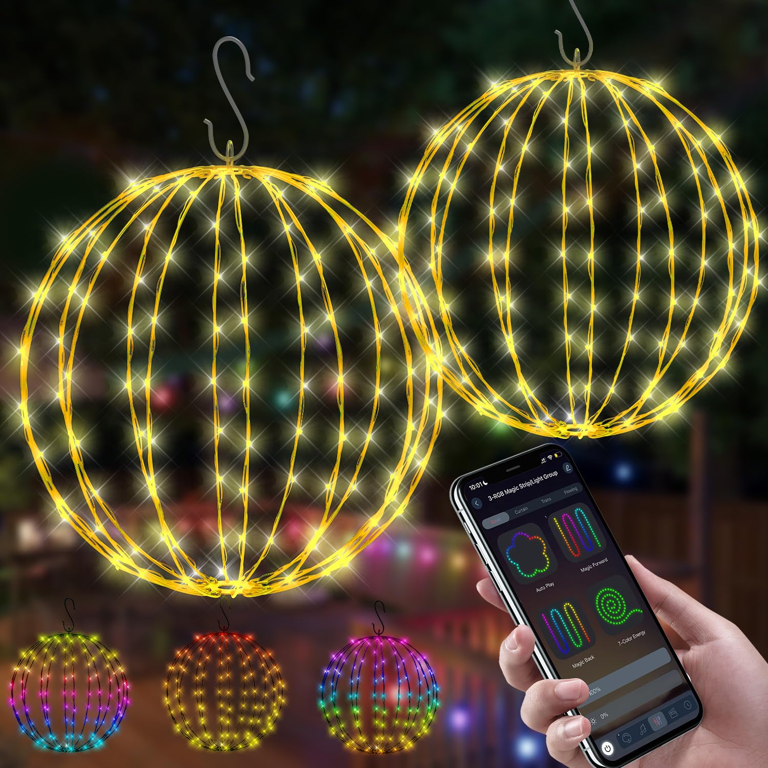 Photo 1 of 2 Pack 12" Hanging Lights Ball Christmas Outdoor Decorations, Christmas Spheres Lights App Control,Color Changing, Folable USB Globe Fairy Light for Indoor Porch Tree Decor