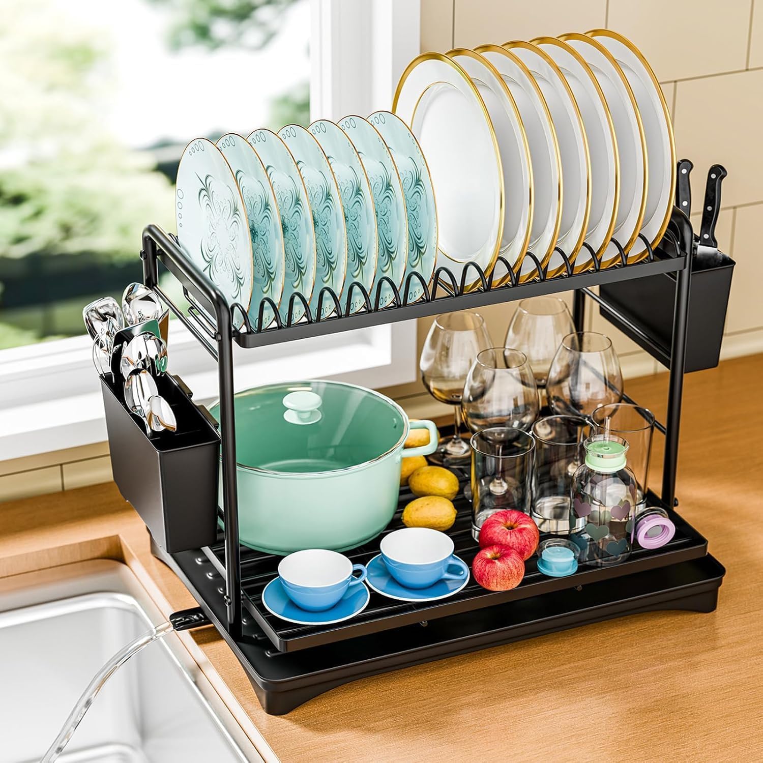 Photo 1 of ***STOCK PHOTO FOR REFERENCE ONLY***2-Tier Dish Drying Rack for Kitchen Counter - Space-Saving Dish Drainer with Extendable Drainboard, Removable Cutlery Holder, Cup & Knife Slots, Multifunctional Plate & Bowl Organizer (Black)