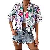 Floerns Women's Graphic Button Down Shirts Collared Short Sleeve Crop Blouse Tops