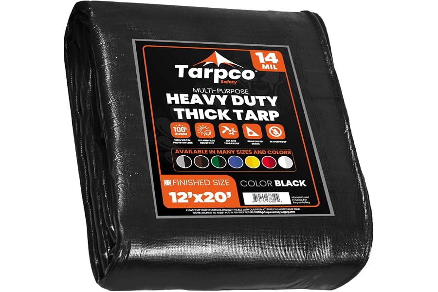 Tarpco Safety Extra Heavy Duty 14 Mil Tarp Cover, Waterproof, UV Resistant, Rip and Tear Proof, Poly Tarpaulin with Reinforced Edges for Roof, Camping, Patio, Pool, Boat (Black 12′ X 20′)