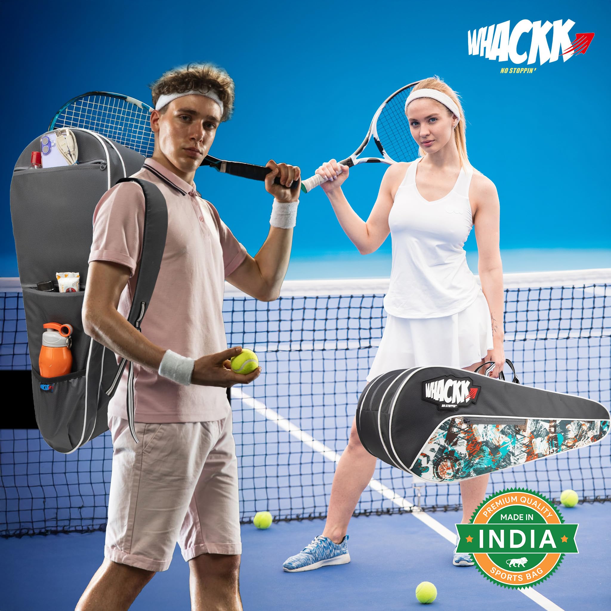 WHACKK Team Tennis Bag Grey | Racket Bag for Tennis & Badminton with Shoe Pocket | Backpack Style Kit Bag for Men, Women & Junior Players 4