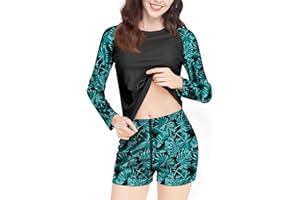 Davena Women 2 Piece Long Sleeve Rash Guard with Built in Bra Swimsuits UPF 50+ Swim Shirt with Boyshort Bottom