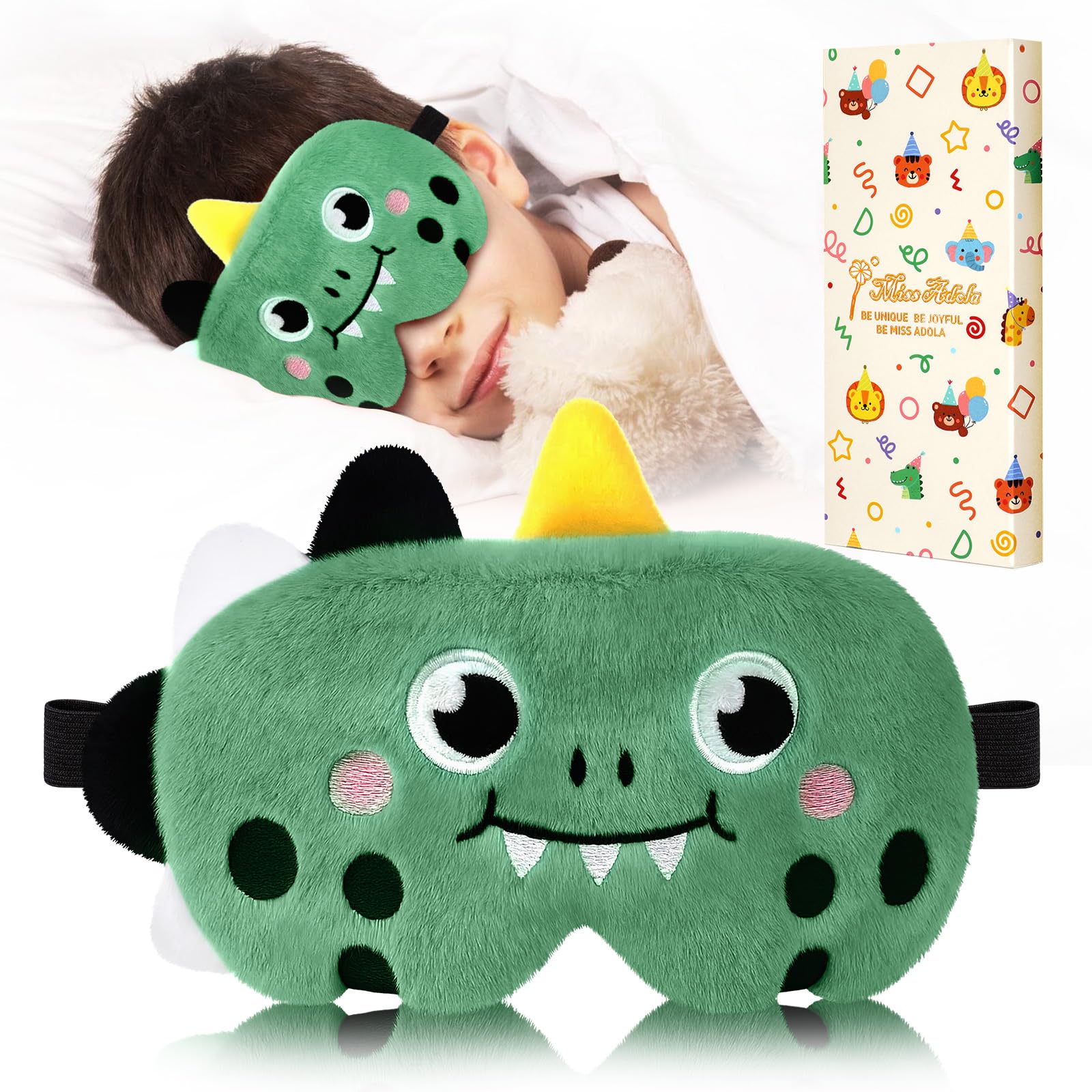 Photo 1 of Miss Adola Sleep Mask for Kids - Cute Cartoon Plush Fuffy Sleeping Eye Cover Green Dinosaur Kawaii Soft Eyeshade with Adjustable Strap Animal Eye Blindfold for Kids Girls Boys Teens