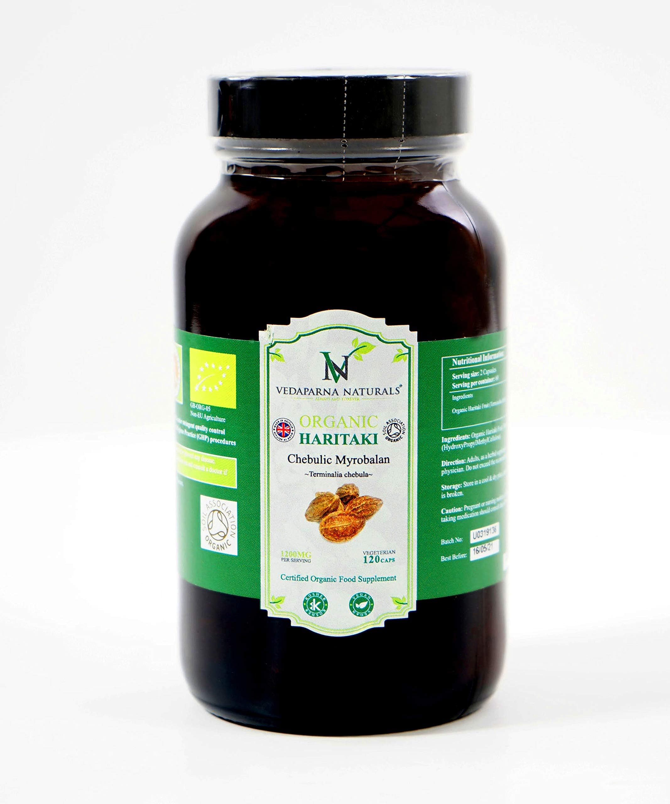 Organic Haritaki Chebulic Myrobalan Terminalia Chebula 120 Vegetarian Capsules of 600mg each | Soil Association Certified | Made in The UK