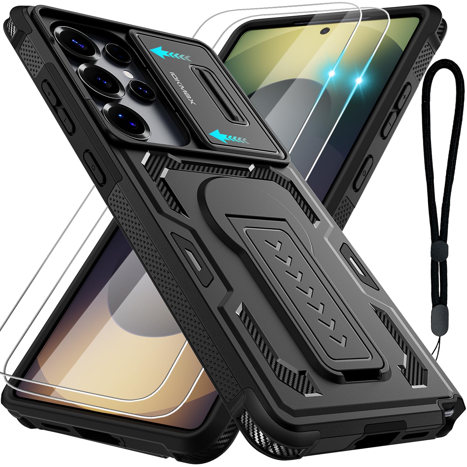 Iokmax for Samsung Galaxy S25 Ultra Case with 2*Screen Protector, Slide Camera Cover, Kickstand, Lanyard Strap, Military Grade Shockproof Protective Heavy Duty Non-Slip for S25 Ultra Case-6.9'', Black