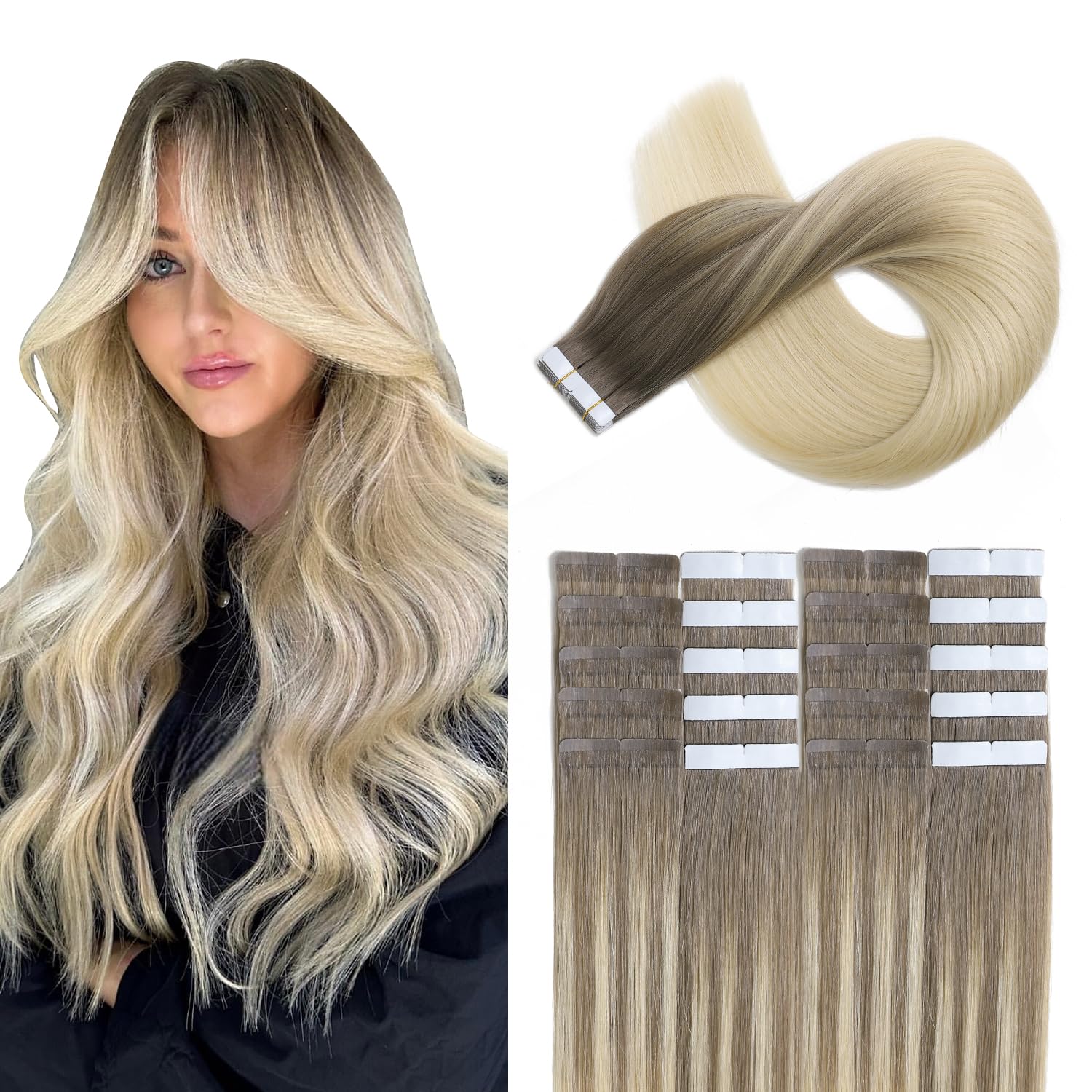 XDhair Tape in Real Human Hair Extensions 20Inch Ash Brown to Platinum Blond 50g 20Pcs Stright Invisible Tape in Human Hair Extensions for Fashion Women(#8/60,20Inch)