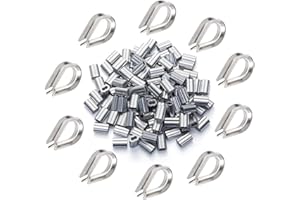 Onwon 100Pcs High Quality 1/16" Diameter Wire Rope Aluminum Crimping Loop Sleeves + 10Pcs M2 Stainless Steel Thimble Combo, Wire Rope Sleeves Aluminum Clip Fittings Cable Crimps
