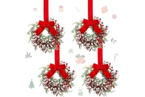 Hoteam 4 Pcs 9 Mini Decor Wreaths Small Cabinet Wreath with Rustic Bow Outdoor Decorations for Porch Window Farmhouse Decor(Bells and Red Berries)