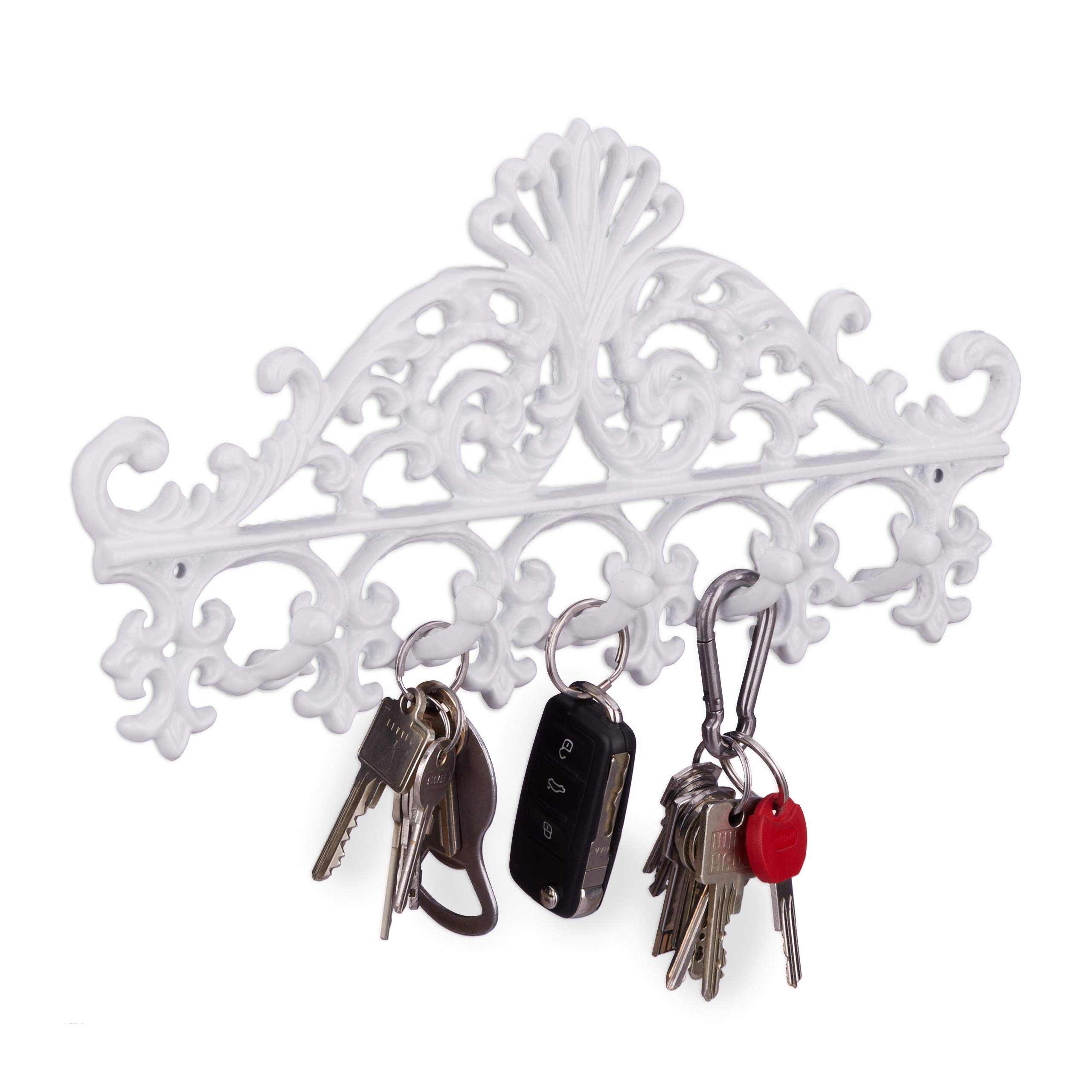 Relaxdays Cast Iron Coat Rack, 5 Hooks, Antique Cottage Style, HxWxD: approx 17 x 35 x 3.5 cm, White