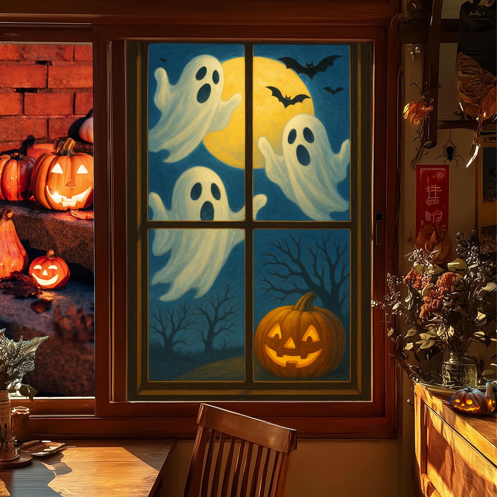 HOMETITUTE Halloween Window Film 31x47 Inch Ghosts and Pumpkin Design Window Sticker Full Moon Bats 