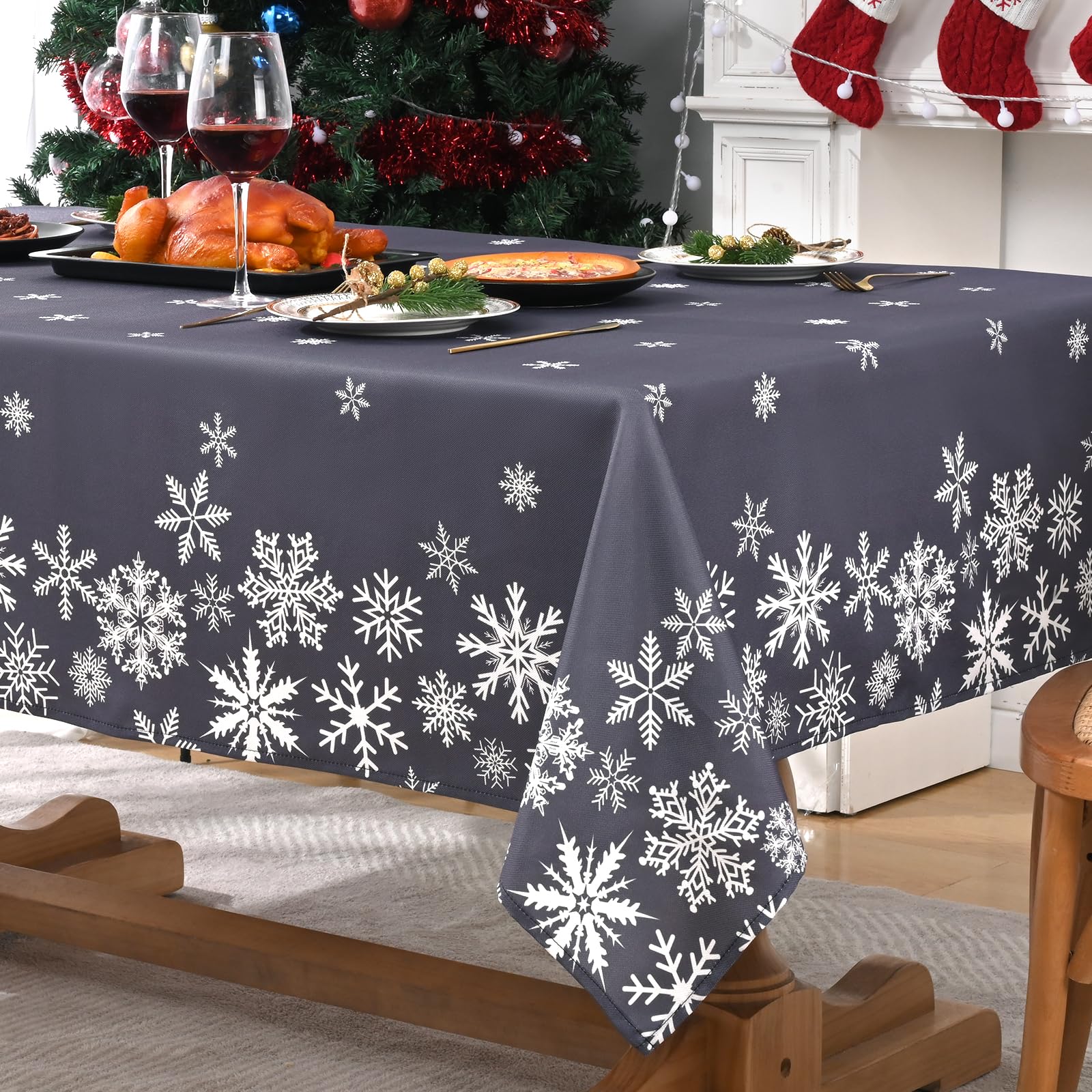 Alishomtll Christmas Grey Tablecloth, Snowflake Rectangle Washable Table Cloth, Waterproof Wipe Clean Table Cover, Winter Holiday Party Dinner Decoration, 55x79in/140x200cm